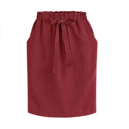 Elegante Gonna Midi Verde in Cotone da Donna, Stile Matita per Ufficio, Vita Elastica con Dettaglio Fiocco, Primavera Estate 2026