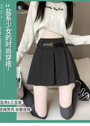 Autumn and Winter 2025 New High-waisted A-line Skirt College Style Sweet Versatile Woolen Pleated Skirt PlatiNum