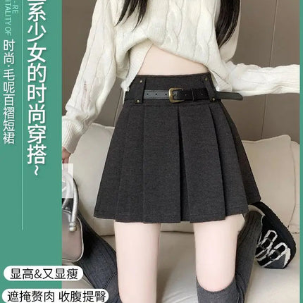 Autumn and Winter 2025 New High-waisted A-line Skirt College Style Sweet Versatile Woolen Pleated Skirt PlatiNum