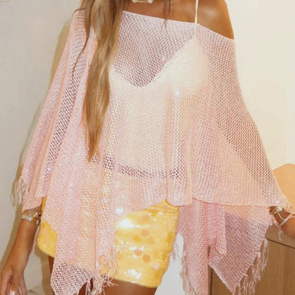 Top da donna sexy estivo lavorato a maglia con scollo obliquo, maniche a pipistrello, design irregolare, dettagli traforati e frange, vestibilità ampia, tinta unita platinumshop