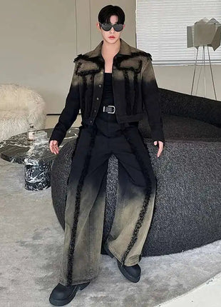 LUZHEN Denim American Sets Gradient Burr Personalized Tassel High Street Wornout Fashion Straight Jeans Retro Two Piece LZ9010 PlatiNum