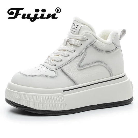 Koznoy 7CM Genuine Leather Women Chunky Sneakers Platform Wedge Autumn Winter Fashion Causal Vulcanize Plush Ankle Boots Shoes