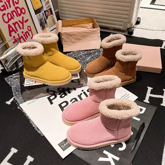 Lambswool Lined Pastel Flat Ankle Boots Cozy Warm Snow Booties Winter Shoes Women Genuine Leather Trendy Color Fashion Casual