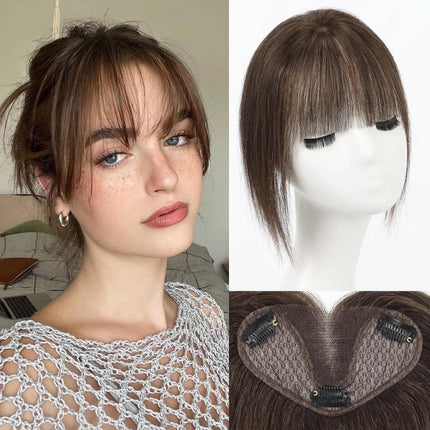 Brown Real Human Hair Toppers with Air Bangs 8inch Hairs Topper Hand-Tied Lace Base 360° Coverage for Women with Thinning Hair
