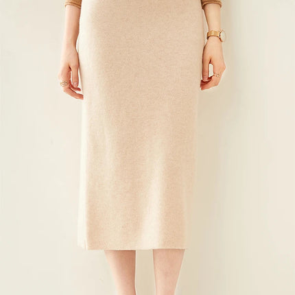 100% pure wool skirt new women's autumn and winter mid-length high-waisted thin cashmere skirt knitted all-match hip skirt PlatiNum