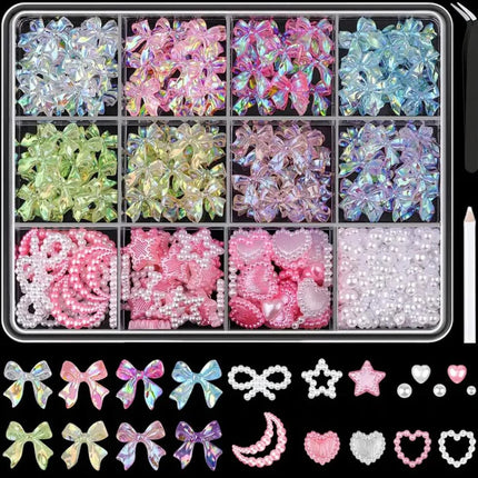 1 Box Pink White Series Bow Heart Nail Charms 3D Arcylic Nail Art Decorations Pearl 5-petal Flower Jewelry Manicure Accessories*