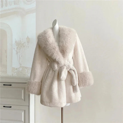 Winter Luxury Women Faux Furs Jackets Coats With Belt Elegant Waist Hugging Slimming Fur Big Collar Thickened Warm Outerwear