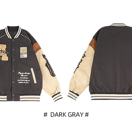 Men's Casual Varsity Jacket Motorcycle Bomber Coat Vintage Letterman Baseball Streetwear Outerwear with Faux Leather Sleeves