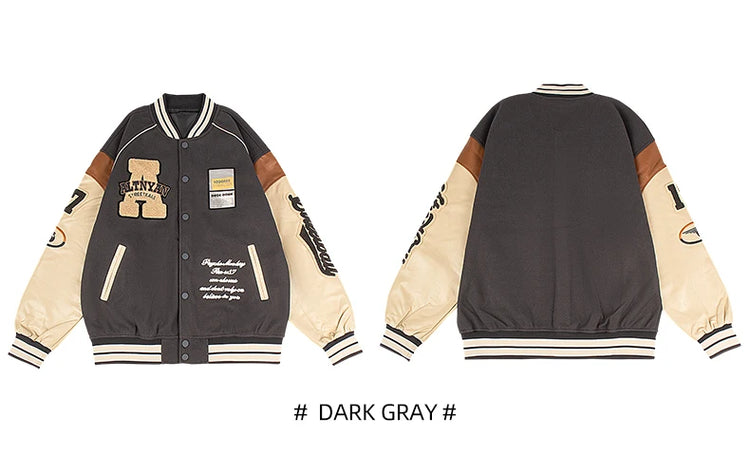 Men's Casual Varsity Jacket Motorcycle Bomber Coat Vintage Letterman Baseball Streetwear Outerwear with Faux Leather Sleeves