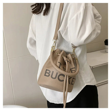 Spring New Fashion Letter PU Leather Bucket Bag Women Simple City Style Shoulder Handbag Trendy Crossbody Satchel Handbag PlatiNum
