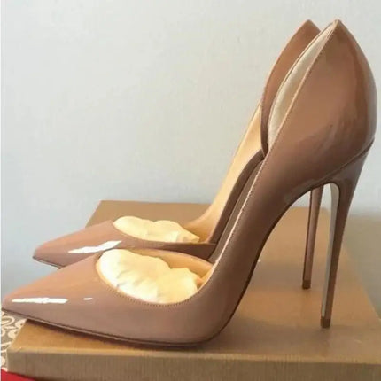 Scarpe con tacco alto a spillo da donna in pelle verniciata nuda 12CM 10CM 8CM Ritagli Punta a punta che celebra scarpe da sera per feste Taglia46 platinumshop