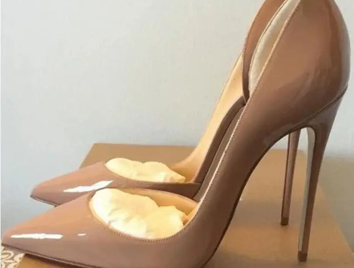 Scarpe con tacco alto a spillo da donna in pelle verniciata nuda 12CM 10CM 8CM Ritagli Punta a punta che celebra scarpe da sera per feste Taglia46 platinumshop