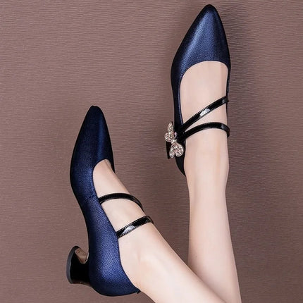 FHC Tacchi medi in pelle poco profonde, Scarpe da lavoro da donna da ufficio, Décolleté da donna, Papillon con strass, Punta a punta Vogue, Blu, Nero, Dropship