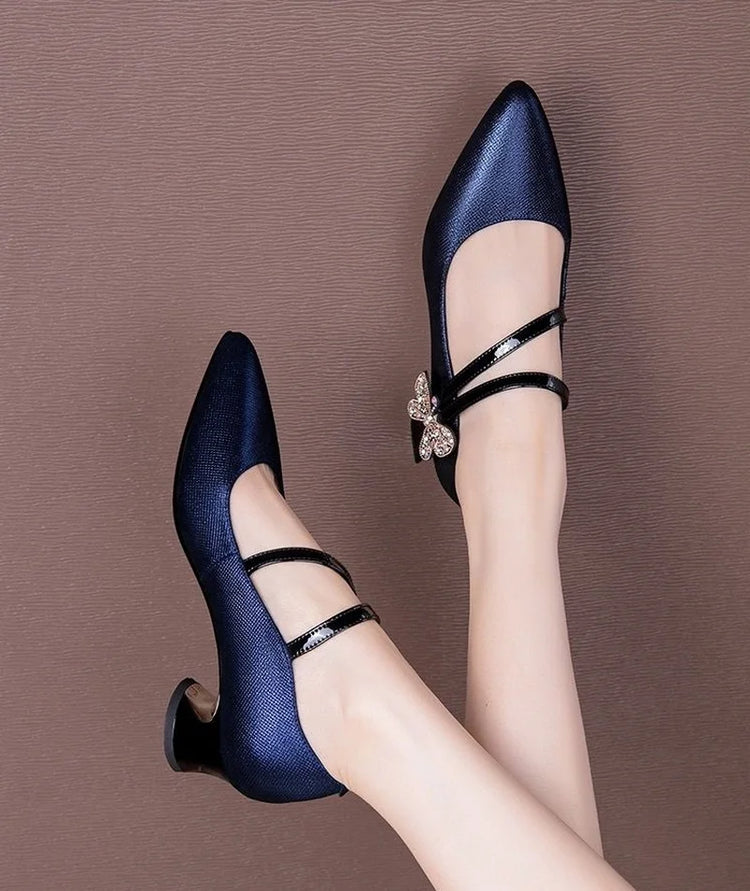FHC Tacchi medi in pelle poco profonde, Scarpe da lavoro da donna da ufficio, Décolleté da donna, Papillon con strass, Punta a punta Vogue, Blu, Nero, Dropship