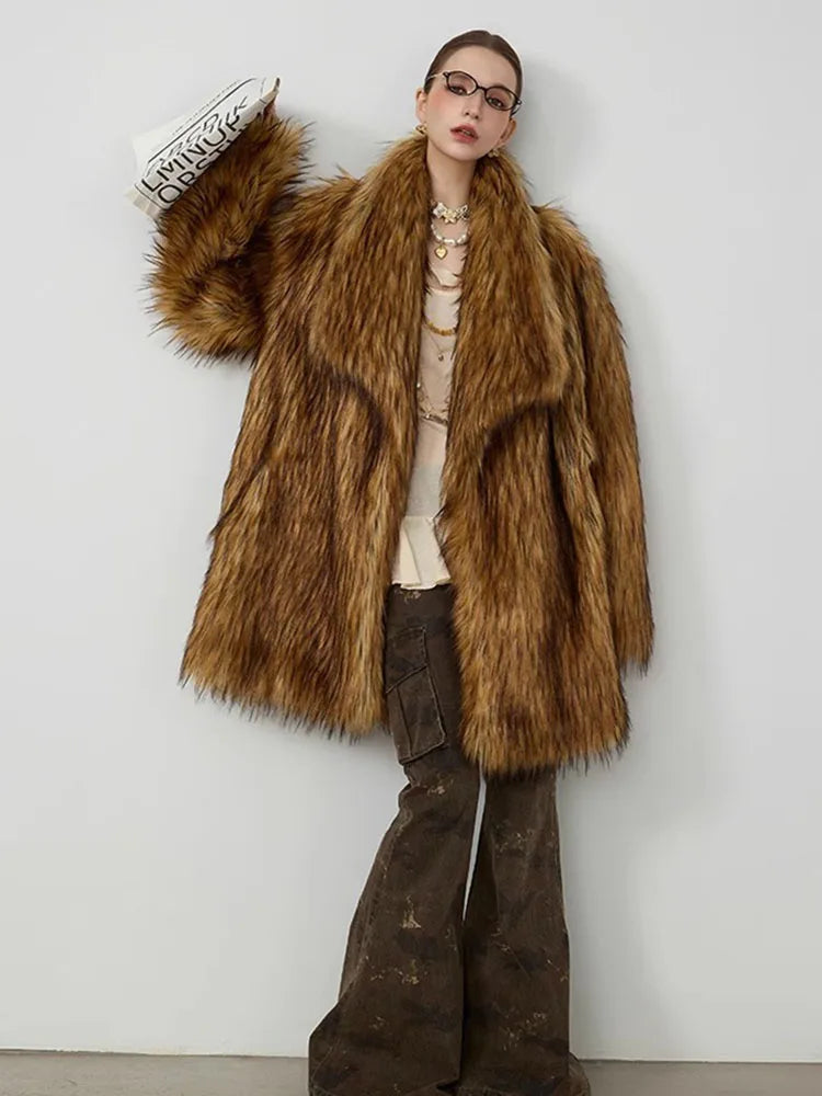 ZADORIN New in Coats & Jackets Luxury Winter Clothes Woman Lapel Long Brown Faux Fur Coat Loose Fluffy Jacket Woman Fur Coats