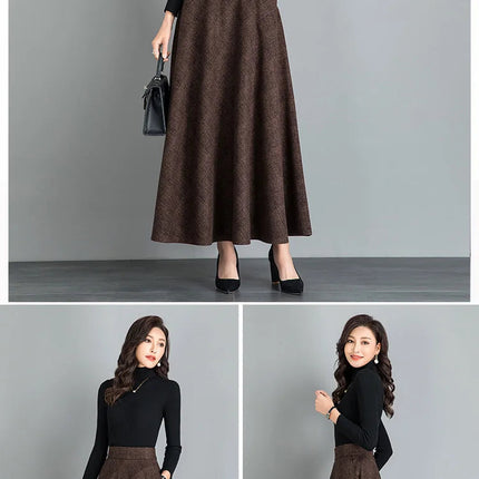 New Women Thick Woolen Skirt Autumn Winter Fashion Elastic High Waist A-Line Long Plaid Skirt Elegant Easy Match Wool Skirt PlatiNum