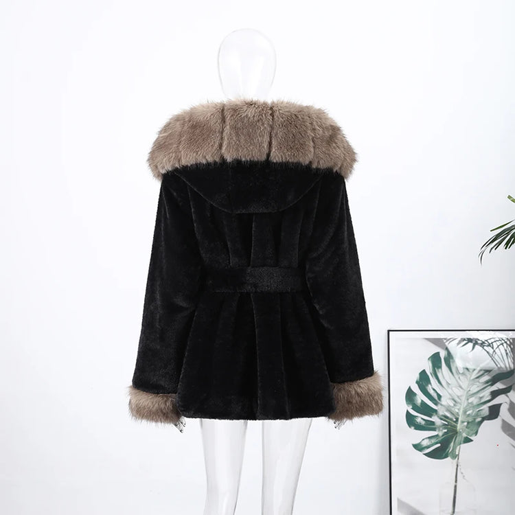 Casual Patchwork Faux Fur Collar Women's Coat Lace Up Pockets Thicken Lady Coats 2026 Autumn Winter Female Street Outerwear