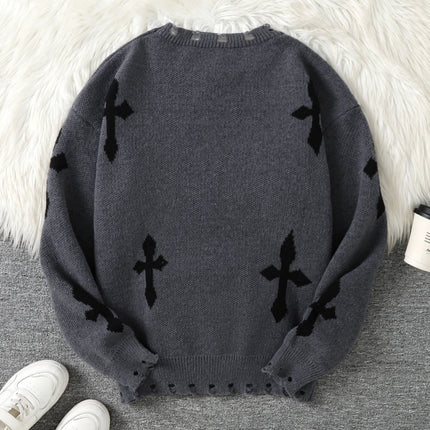Trendy Street Style Ripped Cross Pattern Pullover Ripped Sweater Casual Crew Neck Knit Men's Pullover