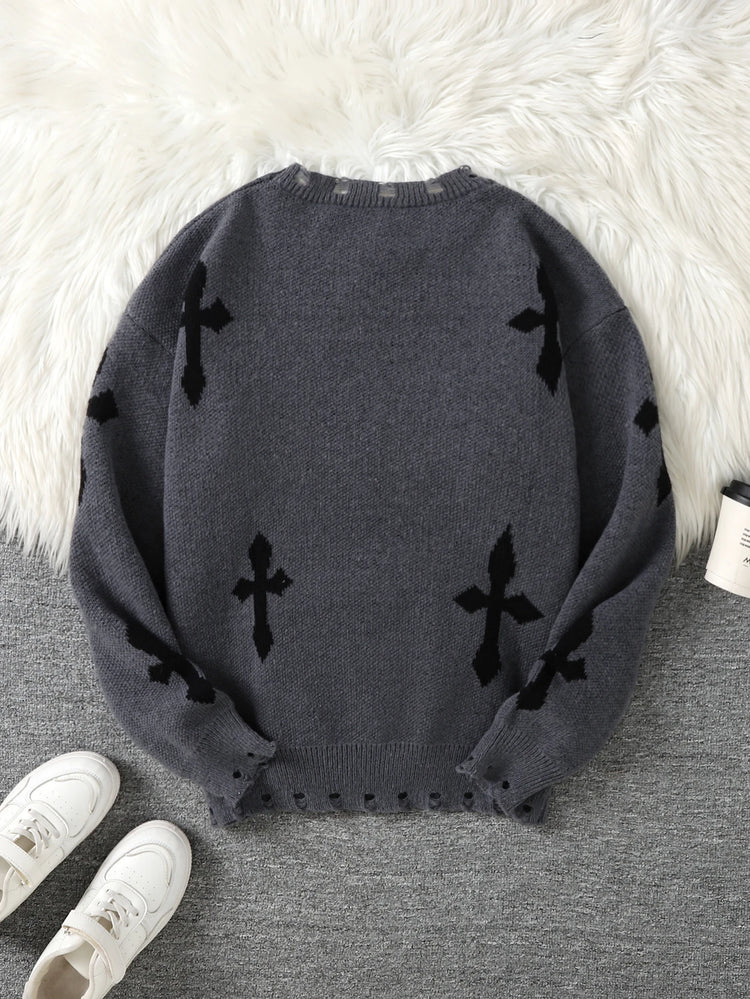 Trendy Street Style Ripped Cross Pattern Pullover Ripped Sweater Casual Crew Neck Knit Men's Pullover