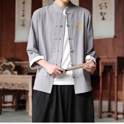 Camicie in cotone e lino Stile cinese retrò Tai Chi Kung Fu Camicie tradizionali Ricamo Camicia da uomo comoda e traspirante vestibilità ampia