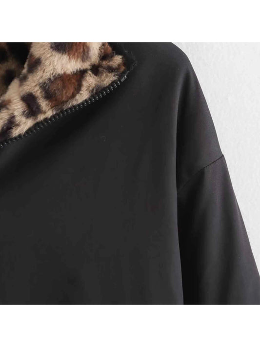 Women's Black Gothic Oversize Fur Leopard Jacket Coat Vintage Harajuku 2000s Emo Aesthetic Long Sleeve Autumn Jacket Outerwear