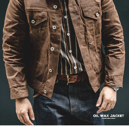 Maden Amekaji Retro Male Oil Waxed Jacket Canvas Cotton Khaki Military Uniform Light Casual Work Safari Style Coats Man Clothing