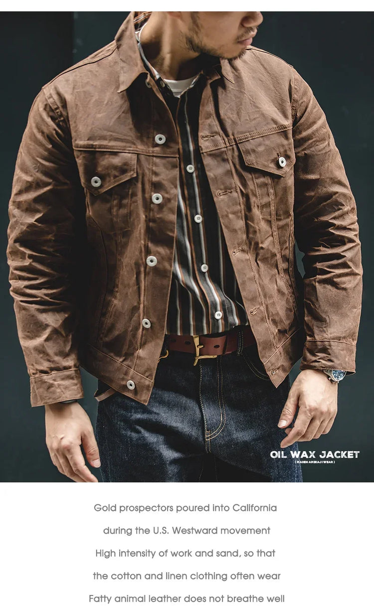 Maden Amekaji Retro Male Oil Waxed Jacket Canvas Cotton Khaki Military Uniform Light Casual Work Safari Style Coats Man Clothing