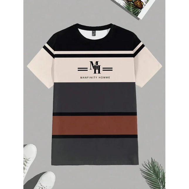"2025 New Trend Men's Minimalist Striped Print Casual Breathable Short-Sleeved Fitness Wear"