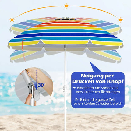 Ombrellone da spiaggia, 178 cm, antivento, stabile, UPF 50+, 30 °   Protezione solare pieghevole con punta a terra e borsa per il trasporto (colorata)