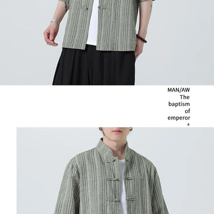 Camicie a Righe da Uomo Estive in Stile Cinese Tradizionale, Camicie Traspiranti in Lino, Abbigliamento Maschile Retrò per Kung Fu e Tai Chi, Completo Casual Tang