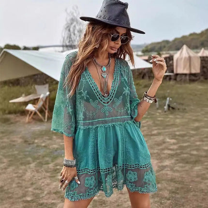 Abito Estivo da Spiaggia con Scollo a V, Protezione Solare, Casual, Copricostume in Pizzo per Donna platinumshop