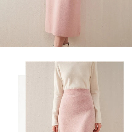 100% pure wool skirt new women's autumn and winter mid-length high-waisted thin cashmere skirt knitted all-match hip skirt PlatiNum