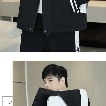 Spring Autumn Men's Hooded Jacket Loose Versatile Trendy Color Block Fashion Outerwear Windproof Thickened Long Sleeve Zipper