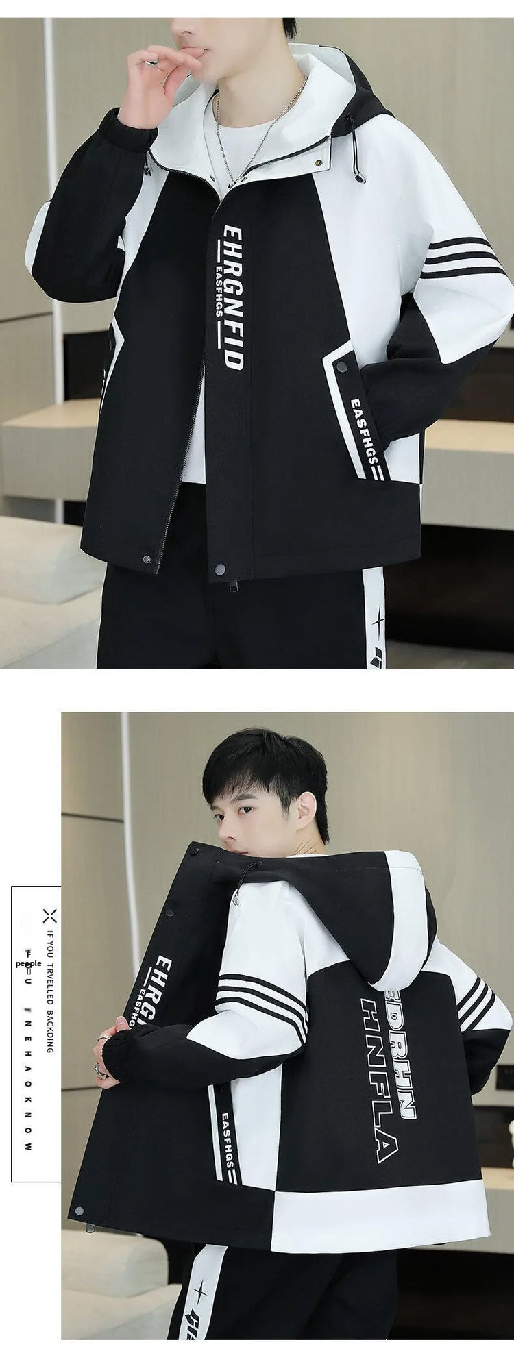 Spring Autumn Men's Hooded Jacket Loose Versatile Trendy Color Block Fashion Outerwear Windproof Thickened Long Sleeve Zipper