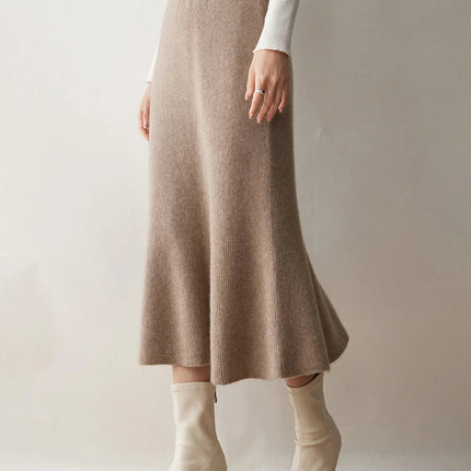 Autumn Winter Women New 100% Cashmere Fishtail Skirt  Mid Length Slimming High Waisted Knitted Umbrella Skirt Elegant Dress PlatiNum