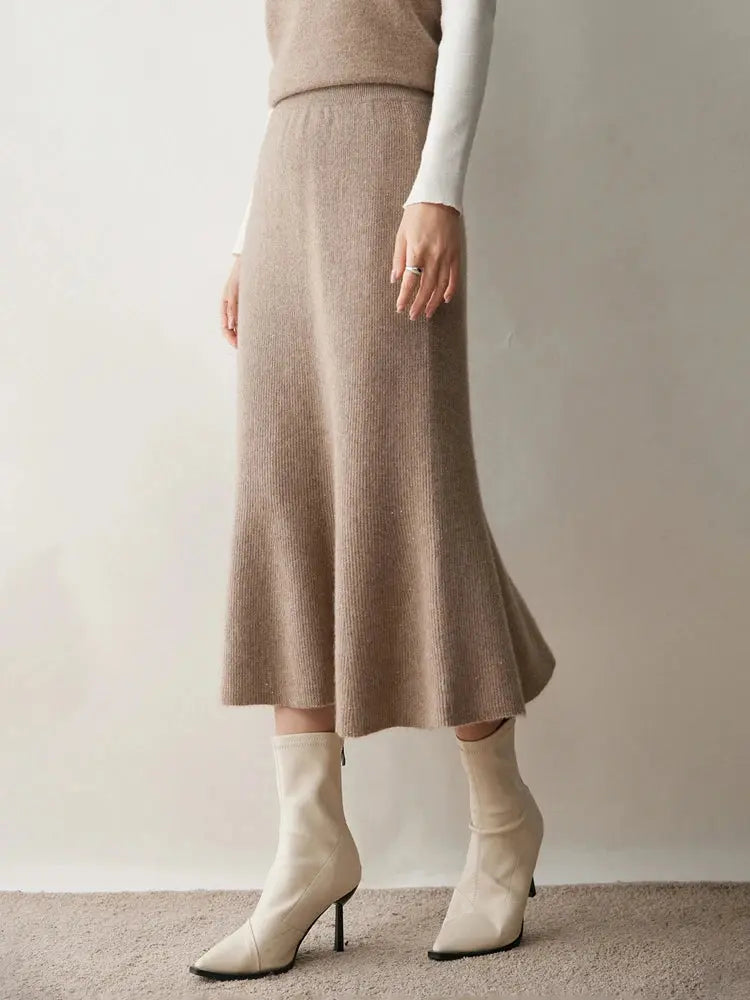 Autumn Winter Women New 100% Cashmere Fishtail Skirt  Mid Length Slimming High Waisted Knitted Umbrella Skirt Elegant Dress PlatiNum