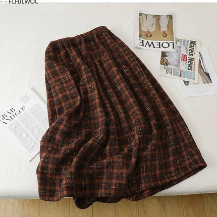 Art Mori Girls Woolen Skirts New 2025 Autumn Winter Basics Woman Cute Sweet Japanese Preppy Style Retro Vintage Long Plaid Skirt PlatiNum