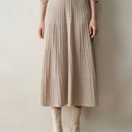 Autumn Winter Women Tiered Skirt Cashmere A-line Pleated Skirt Elastic Waist 100% Cashmere Knitted High Quality Soft Solid Dress PlatiNum