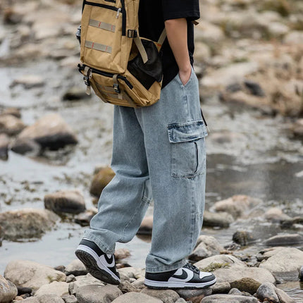 2025 Men's retro camouflage jeans, informal washed wide leg jeans, men's autumn and winter loose pants, old blue multi pocket PlatiNum