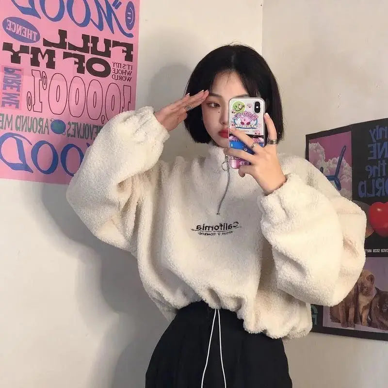Imitation Lamb Wool Thickened Short Sweatshirt for Women Autumn Winter Half Open Neck Zipper Letter Embroidery Warm Pullover Top