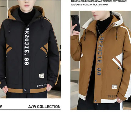 Fashion Autumn Winter Men's Hooded Fleece Jackets Youth High Streetwear Casual Plush Liner Coats Windproof Padded Tops Clothing