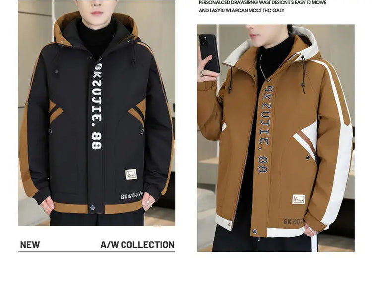 Fashion Autumn Winter Men's Hooded Fleece Jackets Youth High Streetwear Casual Plush Liner Coats Windproof Padded Tops Clothing