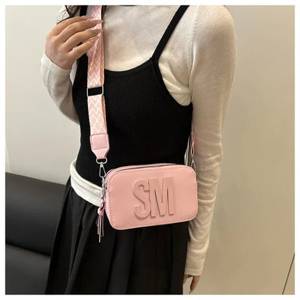 Chic SM Letter Camera Bags, Stylish Women’s Crossbody Small Square Purses with Wide Patterned Straps, Perfect for Daily Casual PlatiNum