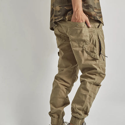 Autumn New American Retro Woven Cargo Pants Men's 97.5% Cotton Washed Elastic Waist Drawstring Loose Casual Anke-tied Trousers