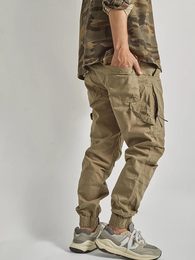 Autumn New American Retro Woven Cargo Pants Men's 97.5% Cotton Washed Elastic Waist Drawstring Loose Casual Anke-tied Trousers