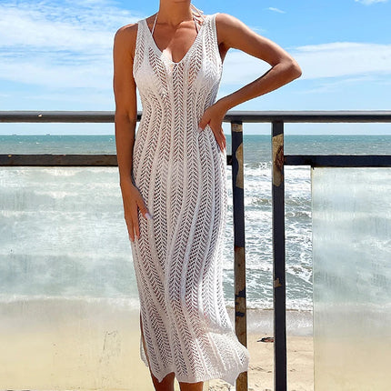 Abito da spiaggia estivo lavorato a maglia Donna Abiti lunghi alla moda eleganti Abiti estivi sottili per le vacanze bohémien 2024 Copricostume da spiaggia platinumshop