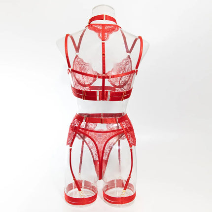 2024 New Erotic Set See-Through Embroidered Sexy Eyelash Lace Body Shaping Lingerie Five-Piece Set Women Onlyfan