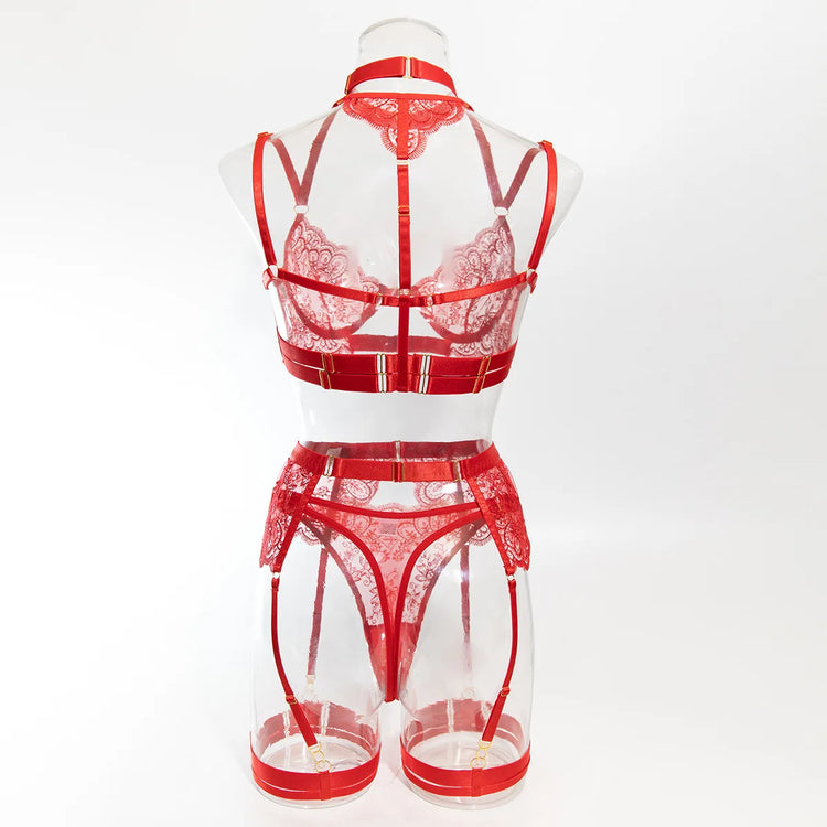 2024 New Erotic Set See-Through Embroidered Sexy Eyelash Lace Body Shaping Lingerie Five-Piece Set Women Onlyfan