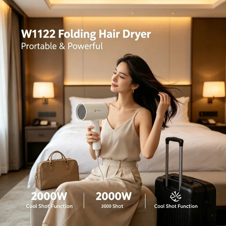 Lightweight Foldable Compact Hair Dryer, 1600W 2000W Negative Ions Blow Dryer, Fast‑Drying with Cold Air Function for Travel Salon Home Use