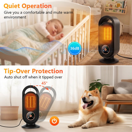 Electric Heater with Touch Control, PTC Ceramic Fast Heating, 3 Speeds 4 Timers, Energy Efficient Desk Warmer for Home Office